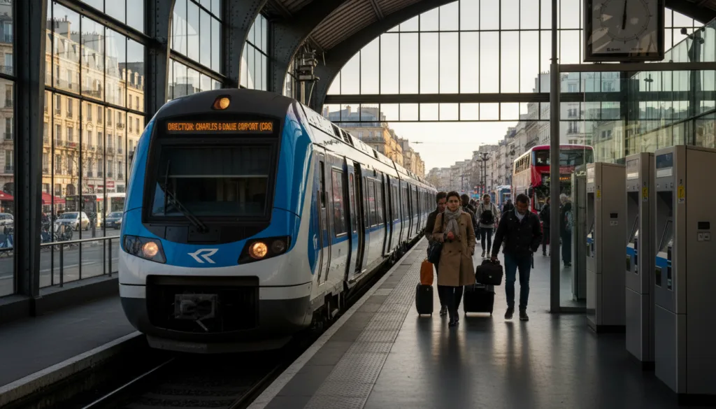 Isang makinis na tren ng RER na dumarating sa isang modernong istasyon ng tren sa Paris, na dinisenyo gamit ang arkitekturang salamin at bakal. Sa harapan, ituon ang pansin sa matingkad na asul at puting tren ng RER na may nakikitang karatula na nagpapahiwatig ng destinasyon patungong Charles de Gaulle Airport (CDG). Ang gitnang bahagi ay nagtatampok ng mga pasahero, na nakasuot ng elegante at kaswal na damit, na sabik na sumasakay habang ang ilan ay nasa mga ticket machine. Sa likuran, ang malalaking bintana ay nagpapakita ng isang masiglang kalye ng Paris, na may sikat ng araw sa hapon na pumapasok, na lumilikha ng isang mainit at nakakaengganyong kapaligiran. Kunin ang diwa ng paglalakbay at pag-asam, gamit ang isang wide-angle lens upang masaklaw ang buong eksena, na nagtatampok ng mga dinamikong kaibahan sa pagitan ng modernong disenyo ng tren at ng makasaysayang kapaligiran ng Paris.