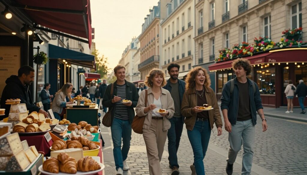 A small group of diverse food tourists, dressed in casual yet tasteful attire, walking together along a charming Parisian street. In the foreground, capture their joyful expressions as they savor local delicacies from colorful market stalls. The middle layer features iconic Parisian architecture, with vintage cafes and blooming flower boxes lining cobblestone streets. In the background, soft golden hour lighting bathes the scene in a warm glow, enhancing the inviting atmosphere. Emphasize highly detailed textures of the food, such as croissants and artisanal cheeses, while maintaining a cinematic quality. Shot with a wide-angle lens to capture the intimacy of the group and the beauty of the surroundings, this image conveys a personalized and immersive culinary experience.
