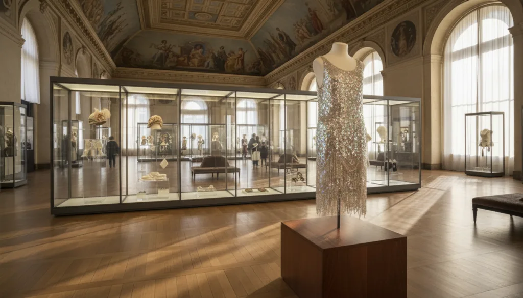 El espacioso interior de un museo de la moda parisino exhibe elegantes piezas que exhiben prendas vintage icónicas. En primer plano, un pedestal de madera pulida exhibe un impresionante vestido estilo flapper de los años 1920, que brilla bajo una suave iluminación ambiental. En segundo plano, una serie de vitrinas exhiben intrincados accesorios, como sombreros, guantes y joyas, cada uno iluminado para resaltar sus diseños únicos. El fondo revela techos altos adornados con murales artísticos y grandes ventanales que dejan entrar la cálida luz natural, realzando la atmósfera acogedora. La escena captura una sensación de sofisticación y creatividad, encarnando la esencia de la historia de la moda parisina. La perspectiva está ligeramente elevada, ofreciendo una panorámica de la exposición mientras sumerge al espectador en el fascinante mundo de la moda.