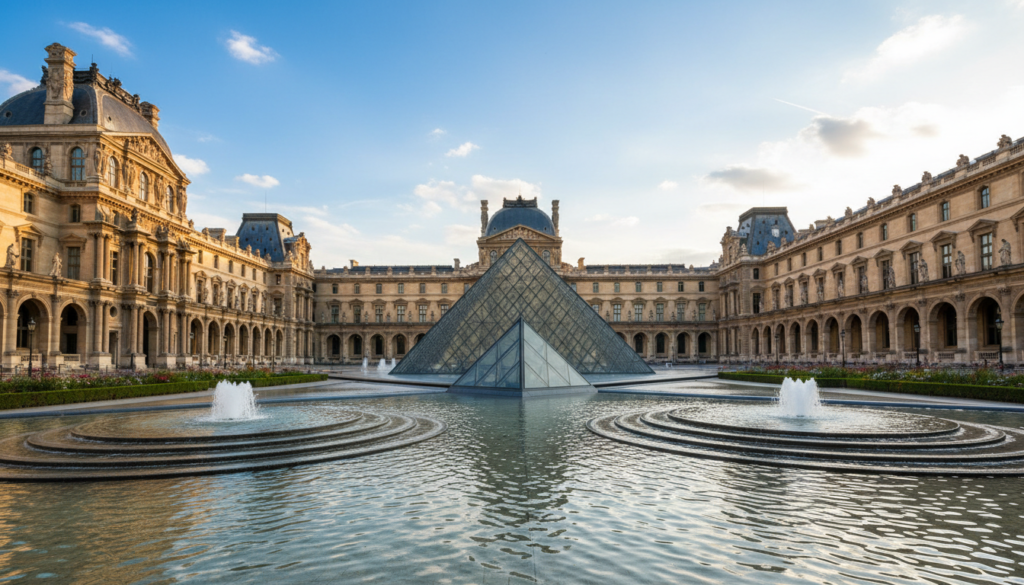 A stunning daytime view of the Louvre Museum, highlighting the iconic glass pyramid entrance in the foreground, surrounded by elegant fountains and lush gardens. In the middle ground, classic French architecture frames the museum’s historic facade, showcasing intricate details and sculptures. The background features a clear blue sky, with soft, fluffy clouds, enhancing the serene atmosphere. The image is captured from a slightly elevated angle, allowing for a panoramic perspective that invites viewers into the scene. Natural sunlight bathes the museum in a warm glow, creating a welcoming and inviting mood. The composition should convey a sense of awe and appreciation for this world-famous landmark, ideal for attracting first-time visitors. No people present, focusing solely on the architectural beauty of the Louvre.