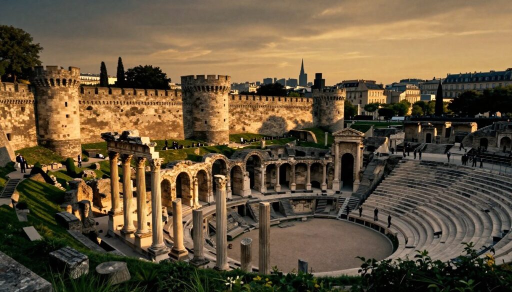 A stunning depiction of Roman history in Paris, showcasing the ancient ruins of a Roman amphitheater juxtaposed with medieval architecture. In the foreground, intricately detailed remnants of Roman columns and arches surrounded by lush greenery. The middle ground features the majestic walls of a medieval fortress, with visitors in professional attire admiring the site. In the background, the silhouette of the Paris skyline at dusk, bathed in warm, golden light, casting long shadows and highlighting textures. The atmosphere is rich and evocative, blending historical grandeur with a sense of exploration. Shot with a wide-angle lens in 8k resolution, emphasizing cinematic lighting to bring depth and realism to the scene.