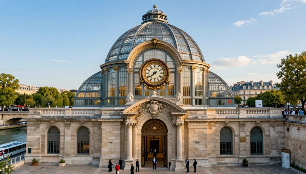 A stunning hyperrealistic depiction of the Musée d’Orsay, showcasing its iconic Beaux-Arts architecture and vibrant surroundings on the Left Bank of the Seine River. In the foreground, capture the intricately designed entrance with visitors dressed in professional attire admiring the museum's grandeur. The middle layer should feature the expansive glass dome and famous clock, illuminated by soft, warm afternoon light filtering through the tall windows, creating a sense of wonder. In the background, depict lush trees lining the riverbank and the distant silhouette of Parisian rooftops under a clear blue sky. The scene should evoke an atmosphere of artistic inspiration and cultural richness, emphasizing the museum's significance as a destination for Impressionist masterpieces, using a 35mm fast prime lens to accentuate details and depth.