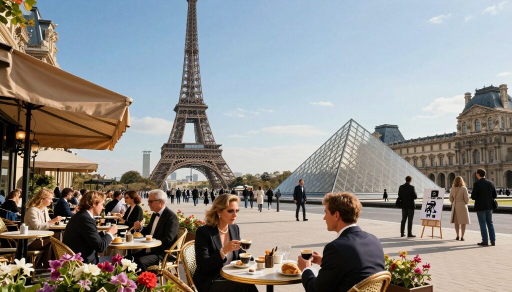 A stunning, hyperrealistic scene of Paris capturing its rich culture and iconic landmarks. In the foreground, a charming café terrace bustling with elegantly dressed patrons enjoying espresso and pastries, surrounded by vibrant flowers. The middle ground features the famous Eiffel Tower rising majestically against a clear blue sky, while street artists display their works nearby. The background reveals the intricate architecture of the Louvre, with its glass pyramid reflecting soft afternoon sunlight. The atmosphere is lively yet relaxed, evoking a sense of wanderlust and appreciation for Parisian culture. Shot with a 35mm fast prime lens, the lighting creates sharp contrasts and vivid colors, emphasizing the enchanting allure of the city.
