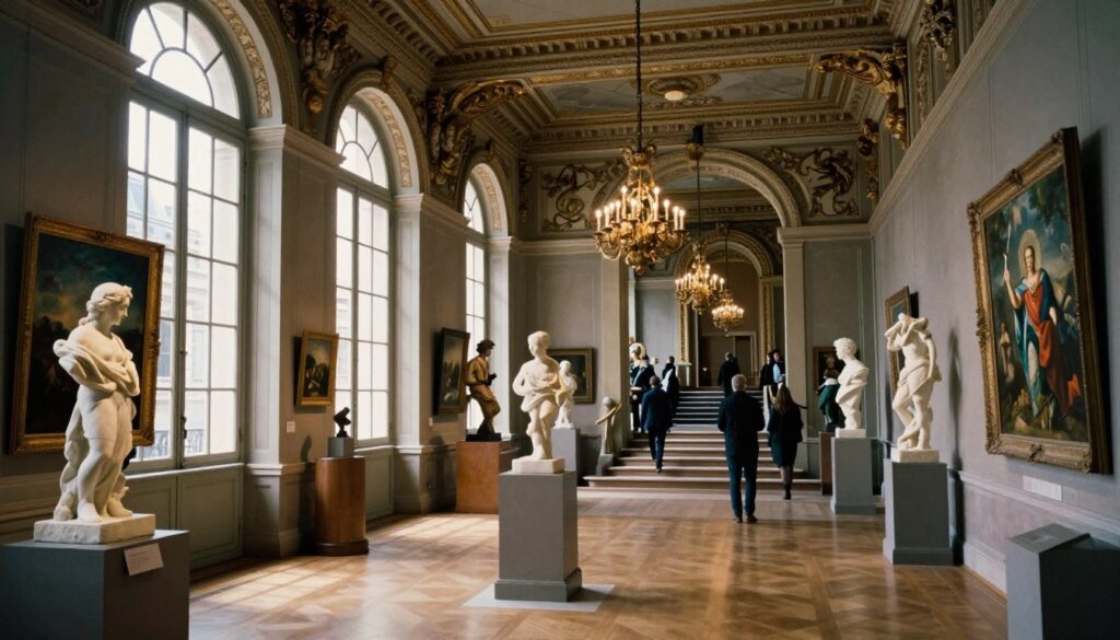 A stunning interior view of Parisian museums and art galleries, showcasing the elegant architecture and intricate details of classic French design. In the foreground, an elegantly curated gallery space displays famous sculptures and paintings, with well-dressed visitors admiring the art. The middle ground features tall, arched windows letting in soft, natural light that enhances the colors of the artwork and casts delicate shadows. The background reveals a grand staircase leading to other exhibition halls adorned with opulent chandeliers. The atmosphere is serene and inspiring, evoking a sense of wonder and appreciation for art. Capture this in a raw photograph style with cinematic lighting, highly detailed textures, and in 8k resolution to emphasize the beauty of the space. A stunning interior view of Parisian museums and art galleries, showcasing the elegant architecture and intricate details of classic French design. In the foreground, an elegantly curated gallery space displays famous sculptures and paintings, with well-dressed visitors admiring the art. The middle ground features tall, arched windows letting in soft, natural light that enhances the colors of the artwork and casts delicate shadows. The background reveals a grand staircase leading to other exhibition halls adorned with opulent chandeliers. The atmosphere is serene and inspiring, evoking a sense of wonder and appreciation for art. Capture this in a raw photograph style with cinematic lighting, highly detailed textures, and in 8k resolution to emphasize the beauty of the space.