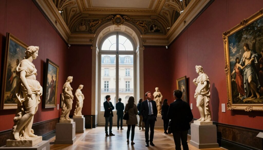 A stunning interior view of a Paris museum, showcasing a vibrant art collection. In the foreground, elegant sculptures and classical paintings line the walls, bathed in warm, cinematic lighting that enhances their detailed textures. The middle ground features visitors, dressed in professional business attire, admiring the artwork with expressions of awe. A large window reveals a glimpse of classic Parisian architecture, adding to the cultural richness of the scene. The background is filled with grand architectural details, including high ceilings and ornate moldings, capturing the essence of historic French art institutions. The atmosphere is tranquil yet captivating, evoking a sense of discovery in this artistic haven. Shot in 8k resolution for incredible detail.