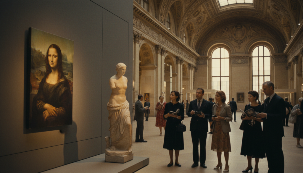 A stunning interior view of the Louvre Museum, showcasing a selection of world-famous exhibits and galleries. In the foreground, a detailed display of iconic art pieces, such as the Mona Lisa and the Venus de Milo, well-lit to emphasize their textures and colors. In the middle ground, elegantly arranged museum-goers in professional attire, admiring the art, hinting at the vibrant atmosphere of cultural appreciation. The background features the grand architecture of the museum, with intricate ceilings and vast, arched windows allowing soft, natural light to flood the space. This scene is captured in 8k resolution, utilizing cinematic lighting to enhance the depth and richness of the art and architecture. The mood is one of awe and inspiration, inviting viewers to appreciate the beauty of the Louvre. A stunning interior view of the Louvre Museum, showcasing a selection of world-famous exhibits and galleries. In the foreground, a detailed display of iconic art pieces, such as the Mona Lisa and the Venus de Milo, well-lit to emphasize their textures and colors. In the middle ground, elegantly arranged museum-goers in professional attire, admiring the art, hinting at the vibrant atmosphere of cultural appreciation. The background features the grand architecture of the museum, with intricate ceilings and vast, arched windows allowing soft, natural light to flood the space. This scene is captured in 8k resolution, utilizing cinematic lighting to enhance the depth and richness of the art and architecture. The mood is one of awe and inspiration, inviting viewers to appreciate the beauty of the Louvre.