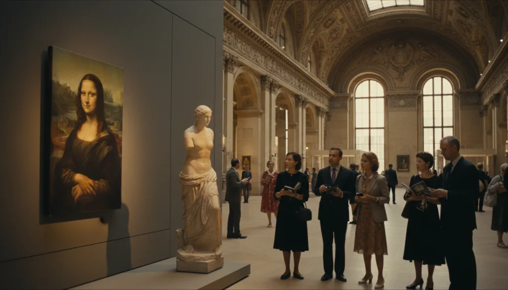 Úžasný pohľad do interiéru múzea Louvre, ktorý predstavuje výber svetoznámych exponátov a galérií. V popredí je detailná prezentácia ikonických umeleckých diel, ako sú Mona Lisa a Venuša Milóska, dobre osvetlené, aby sa zdôraznili ich textúry a farby. V strede sú elegantne usporiadaní návštevníci múzea v profesionálnom oblečení, ktorí obdivujú umenie a naznačujú pulzujúcu atmosféru kultúrneho uznania. V pozadí je veľkolepá architektúra múzea s prepracovanými stropmi a rozsiahlymi klenutými oknami, ktoré prepúšťajú priestor mäkkým, prirodzeným svetlom. Táto scéna je zachytená v rozlíšení 8k s využitím filmového osvetlenia na zvýraznenie hĺbky a bohatosti umenia a architektúry. Atmosféra je plná úžasu a inšpirácie a pozýva divákov, aby ocenili krásu Louvru.