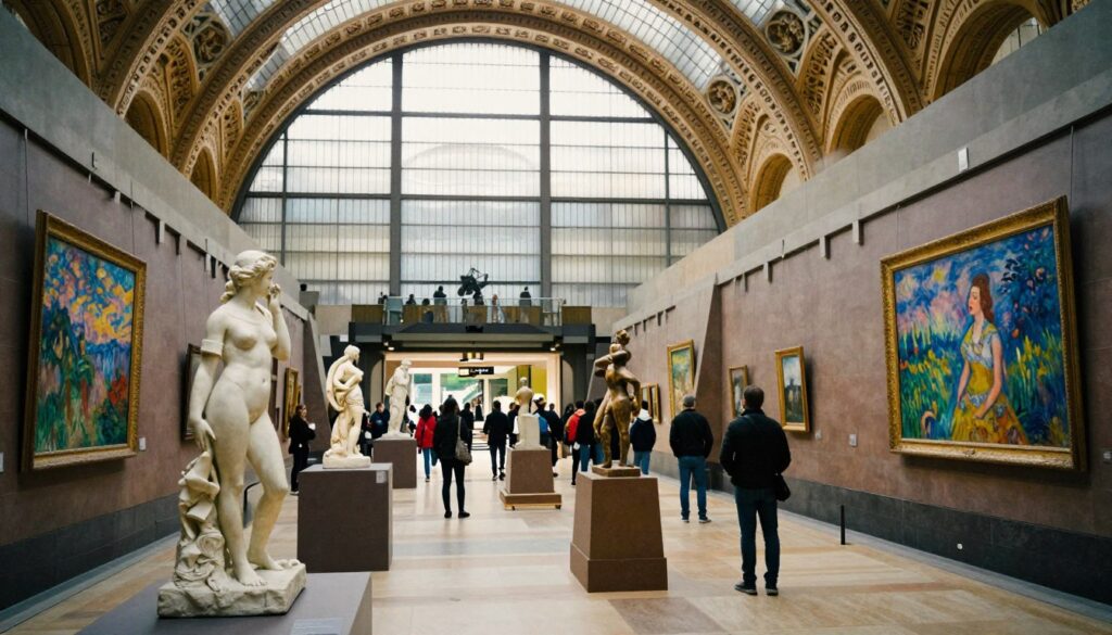 A stunning interior view of the Musée d'Orsay, focusing on the grand architecture and famous art pieces. In the foreground, capture elegant sculptures and vibrant Impressionist paintings, meticulously displayed in well-lit galleries. The middle ground features visitors admiring the art, dressed in smart casual attire, adding a touch of life to the space. In the background, large arched windows let in soft, natural light, illuminating the intricate details of the Beaux-Arts design. The atmosphere is serene and inspiring, evoking a sense of cultural richness and artistic appreciation. Shot in 8k resolution with cinematic lighting to highlight textures and create depth, please ensure no captions or overlays are present.
