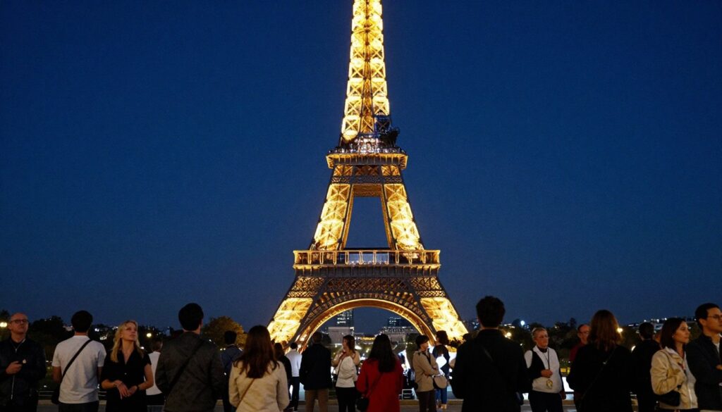 A stunning nighttime scene showcasing the Eiffel Tower illuminated during its iconic light show. In the foreground, a vibrant crowd of captivated onlookers, dressed in casual evening attire, gazes at the dazzling display, their faces lit by the soft golden glow. In the middle ground, the majestic Eiffel Tower sparkles against a deep blue sky, twinkling lights cascading down its iron lattice structure, creating a magical atmosphere. In the background, the Parisian skyline is subtly silhouetted, with the gentle glow of street lamps and buildings. The composition captures a ground-level perspective, emphasizing the height of the tower, with cinematic lighting enhancing the shimmer of the lights and highlighting the intricate details of the tower's architecture. The mood is enchanting and lively, inviting viewers to immerse themselves in the beauty of Paris at night. Raw photograph, highly detailed textures, 8k resolution.