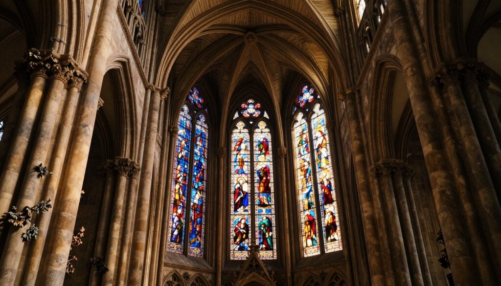 A stunning perspective of Sainte Chapelle, showcasing its iconic Gothic architecture. The foreground features intricately carved stone columns adorned with detailed foliage. In the middle, the breathtaking stained glass windows depict vibrant biblical scenes, illuminated by soft, golden light filtering through. The background reveals the soaring vaulted ceilings, adorned with ornate tracery that enhances the grandeur of the chapel. The scene is captured with a wide-angle lens to emphasize the height and depth of the space. The lighting is cinematic and warm, highlighting the textures of the stone and glass, creating an ethereal atmosphere of reverence and awe. The image should convey the splendor and intricate beauty of Sainte Chapelle in 8k resolution, ensuring every detail is vividly clear.