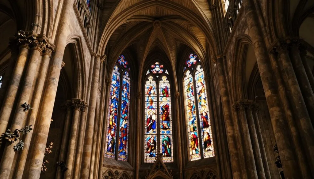 Μια εκπληκτική προοπτική της Sainte Chapelle, που αναδεικνύει την εμβληματική γοτθική αρχιτεκτονική της. Στο προσκήνιο υπάρχουν περίτεχνα σκαλισμένες πέτρινες κολώνες διακοσμημένες με λεπτομερή φυλλώματα. Στη μέση, τα εκπληκτικά βιτρό παράθυρα απεικονίζουν ζωντανές βιβλικές σκηνές, φωτισμένες από απαλό, χρυσό φως που φιλτράρεται μέσα από αυτές. Το φόντο αποκαλύπτει τις πανύψηλες θολωτές οροφές, διακοσμημένες με περίτεχνα διακοσμητικά στοιχεία που ενισχύουν το μεγαλείο του παρεκκλησίου. Η σκηνή αποτυπώνεται με ευρυγώνιο φακό για να τονίσει το ύψος και το βάθος του χώρου. Ο φωτισμός είναι κινηματογραφικός και ζεστός, αναδεικνύοντας τις υφές της πέτρας και του γυαλιού, δημιουργώντας μια αιθέρια ατμόσφαιρα ευλάβειας και δέους. Η εικόνα θα πρέπει να μεταφέρει τη λαμπρότητα και την περίπλοκη ομορφιά της Sainte Chapelle σε ανάλυση 8k, διασφαλίζοντας ότι κάθε λεπτομέρεια είναι έντονα καθαρή.