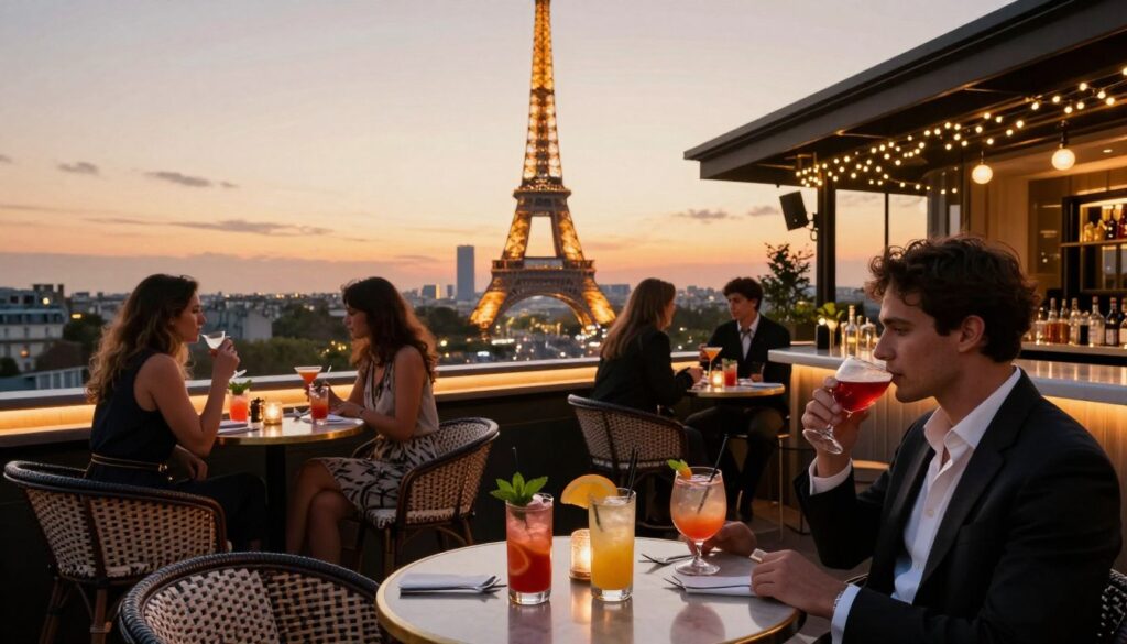 A stunning view from a chic Paris rooftop bar at sunset, with elegant patrons in smart casual attire enjoying cocktails. In the foreground, a beautifully set table boasts colorful drinks garnished with citrus and mint. The middle ground features stylish guests mingling, with the iconic Eiffel Tower wonderfully lit in the background, bathed in the warm glow of sunset hues. The atmosphere is vibrant yet relaxed, with twinkling fairy lights illuminating the outdoor space. Cinematic lighting accentuates the textures of the bar's furnishings and the skyline. Capture this scene in an 8k resolution, focusing on the intricate details of the setting, evoking a sense of chic sophistication and nightlife allure.