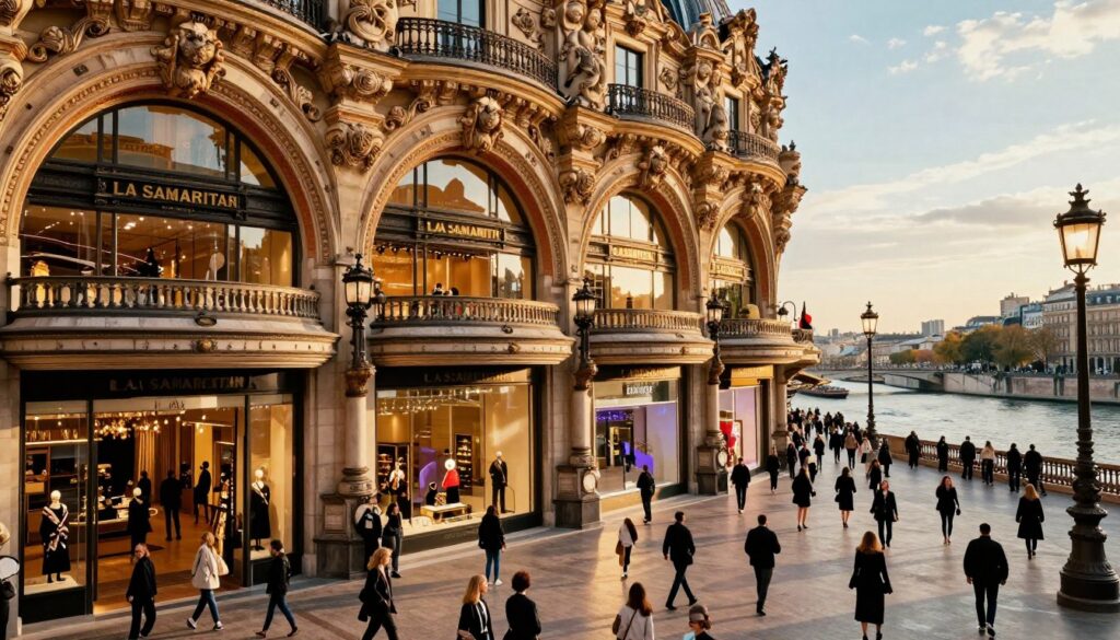 A stunning view of La Samaritaine, the iconic Paris shopping destination. In the foreground, capture a bustling entrance with elegantly dressed shoppers, showcasing a blend of modern fashion and classic Parisian style. The middle ground features the beautifully restored historic facade of La Samaritaine, adorned with intricate architectural details and large glass windows reflecting the vibrant atmosphere. In the background, the Seine River glistens under soft, golden hour sunlight, with hints of the Paris skyline peeking through. The overall mood is lively and inviting, illuminated by warm, cinematic lighting that enhances the textures of the building. The composition should evoke a sense of exploration and excitement, emphasizing the allure of discovering new attractions in Paris. Highly detailed textures, captured in an 8k resolution to reflect the vibrant spirit of this iconic location.