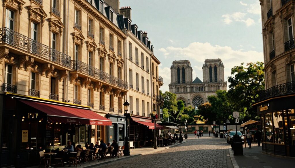 A stunning view of Le Marais, Paris, featuring a vibrant blend of historic architecture and modern elements. In the foreground, delicate cobblestone streets lined with charming cafés and boutique shops. The middle ground showcases elegant 17th-century buildings, with ornate façades and intricate balconies, bathed in warm, golden afternoon light. In the background, the iconic silhouette of the Place des Vosges, framed by lush greenery. The atmosphere is lively yet tranquil, capturing a perfect day in the heart of Paris. Shot in 8k resolution, this raw photograph emphasizes highly detailed textures, with cinematic lighting highlighting the architectural features and creating a captivating depth of field. A scene that embodies the essence of where history meets modernity.