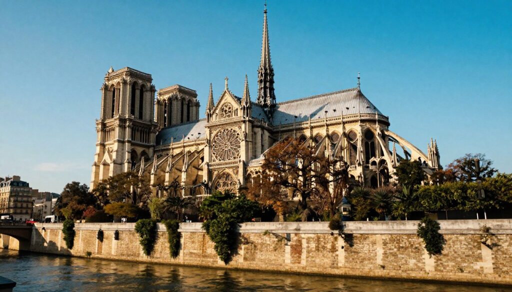 A stunning view of Notre Dame Cathedral in Paris, showcasing its intricate Gothic architecture. The foreground features lush greenery and the Seine River gently flowing, reflecting the cathedral's grandeur. In the middle ground, the cathedral stands majestically, with its iconic flying buttresses, detailed sculptures, and ornate stained glass windows gleaming under the golden hour sunlight. The background reveals a soft Parisian skyline, hinting at distant buildings and a clear, vibrant blue sky. The scene is bathed in cinematic lighting, capturing the textures of the stone facade and the majesty of the towers. Shot in 8k resolution with a wide-angle lens, the overall mood evokes a sense of reverence and wonder, highlighting this architectural marvel's historical significance.