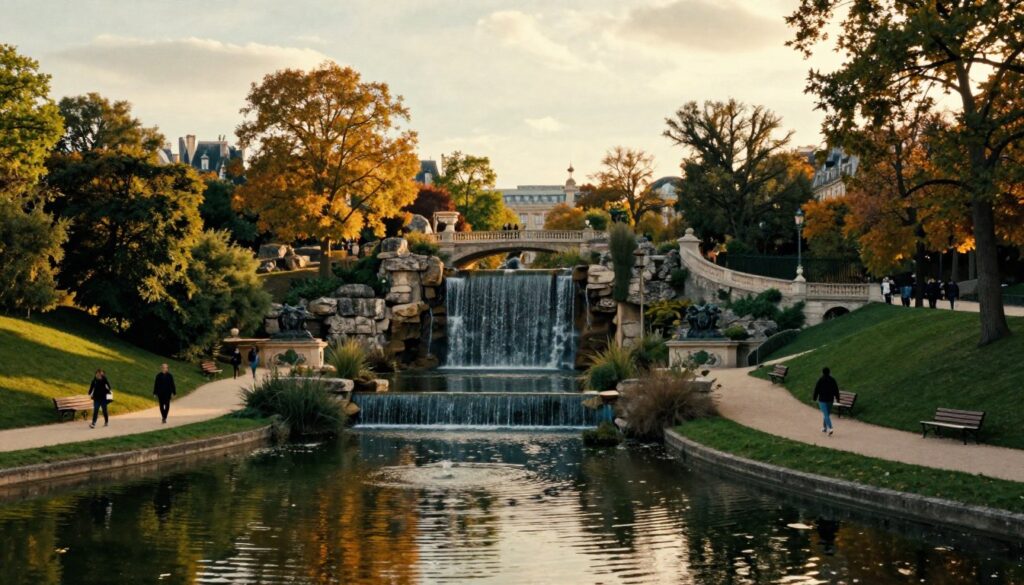 A stunning view of Parc des Buttes-Chaumont in Paris, showcasing its cascading waterfalls, charming bridges, and lush greenery. In the foreground, a serene pond reflects the vibrant autumn foliage, with couples leisurely walking along the winding pathways. In the middle ground, the distinctive rock formations and elegant footbridge create a picturesque focal point, while the surrounding trees frame the scene. In the background, the iconic city skyline is faintly visible under the soft golden light of a late afternoon sun, casting gentle shadows. The atmosphere is romantic and tranquil, inviting viewers to embrace the beauty of nature. Capture this idyllic park in a raw photograph style with highly detailed textures, cinematic lighting, and in 8k resolution.