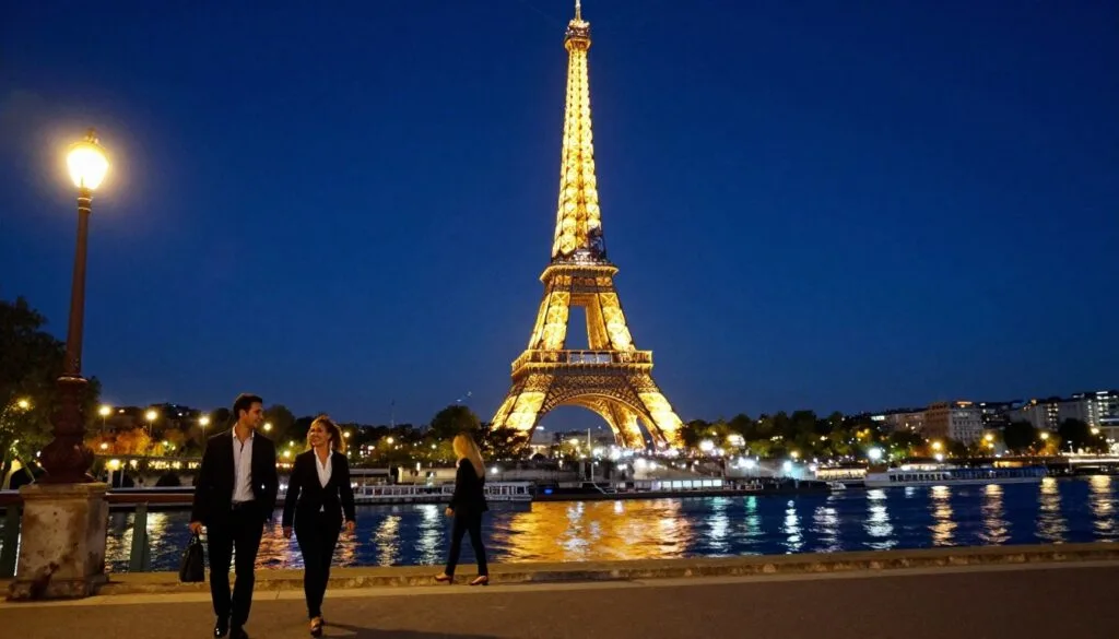 Une vue imprenable sur Paris nocturne, où la Tour Eiffel illuminée trône au premier plan, entourée de lampadaires à la douce lueur chaleureuse. Au second plan, des couples en tenue d'affaires flânent le long de la Seine, leurs reflets dansant sur l'eau. En arrière-plan se dessine la majestueuse architecture parisienne sous un ciel d'un bleu profond, parsemé d'étoiles. Un éclairage cinématographique sublime les couleurs et les textures de la scène, créant une atmosphère romantique et envoûtante. Prise avec un objectif grand angle en résolution 8K, l'image capture chaque détail, des détails de la maçonnerie des bâtiments aux expressions joyeuses des passants.