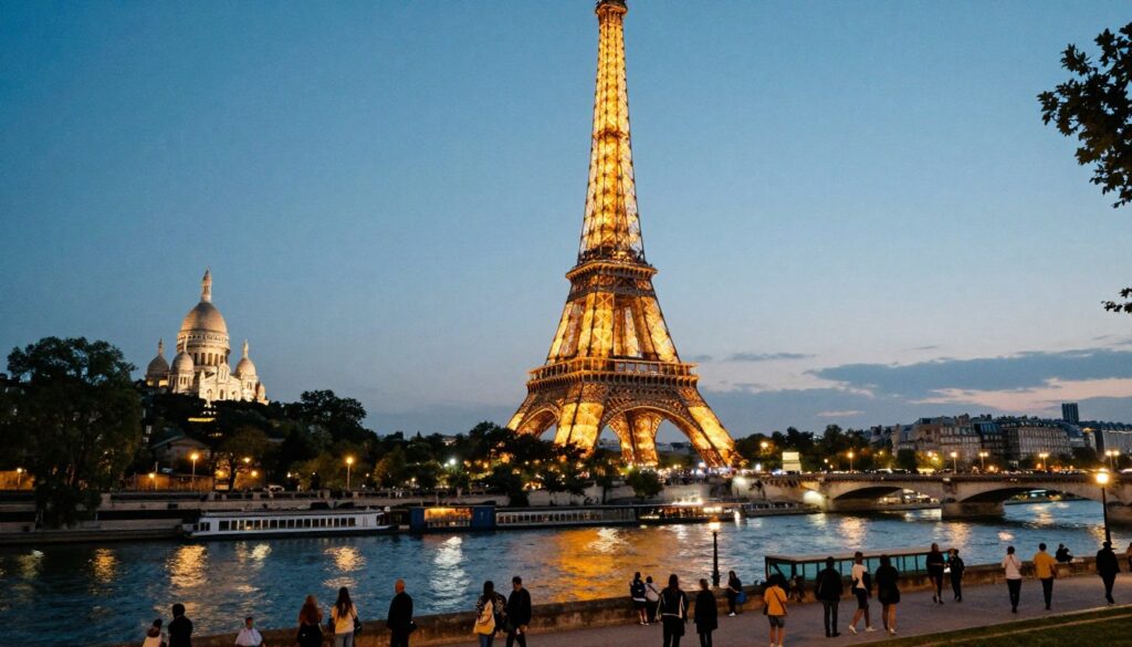 A stunning view of Paris, known as the City of Light, capturing the iconic Eiffel Tower in the foreground, beautifully illuminated against the twilight sky. In the middle ground, the Seine River reflects the shimmering city lights, with charming historic buildings lining its banks. The background features the Montmartre hill with the Sacré-Cœur Basilica, softly glowing under the evening light. The scene is enriched by lively street life, with people in modest casual clothing strolling along the riverside. The image is composed with a focal length that accentuates the Eiffel Tower’s grandeur, using cinematic lighting to create a warm, inviting atmosphere. The overall mood is romantic and enchanting, showcasing the captivating essence of Paris at dusk in ultra-detailed 8k resolution, highlighting textures and vibrant colors.