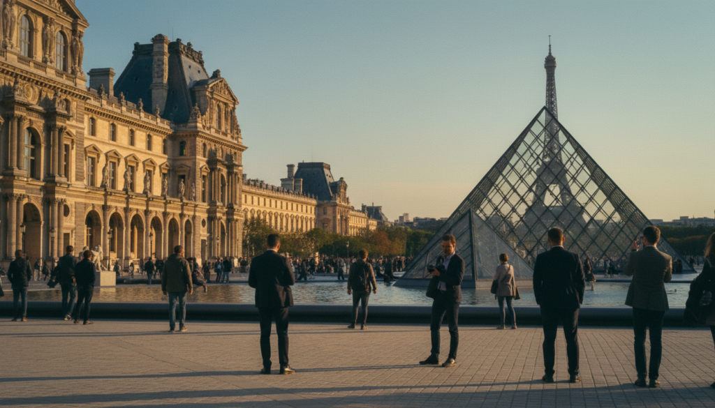 A stunning view of a famous Paris museum, such as the Louvre, showcasing its iconic glass pyramid entrance in the foreground. The scene is set during golden hour, with warm, cinematic lighting casting soft shadows and illuminating the intricate architectural details of the museum. In the middle ground, casual visitors in professional attire admire art pieces and take photographs, adding a sense of lively engagement. The background features the beautiful Parisian skyline, with the Eiffel Tower peeking through the trees of the Tuileries Garden. The image should be rich in color, capturing the essence of Paris and its cultural heritage. Rendered in highly detailed textures, 8k resolution.