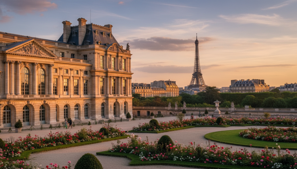 A stunning view of historic palaces and grand estates in Paris, captured in a picturesque scene. In the foreground, lush manicured gardens with blooming flowers and elegant stone pathways frame the image. The middle ground features an ornate palace with classical architecture, intricate details, and majestic pillars reflecting the grandeur of Parisian history. Grand windows glisten in the warm, golden light of late afternoon, creating a welcoming atmosphere. In the background, the iconic silhouettes of Parisian rooftops and the Eiffel Tower can be seen against a vibrant sky, accentuated by soft clouds. The composition showcases rich textures throughout, with a cinematic lighting effect enhancing the allure. This image is rich in detail and depth, rendered in 8k resolution to highlight every element.