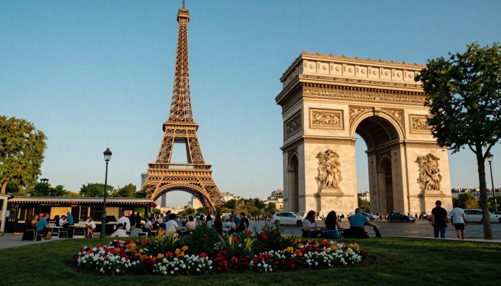A stunning view of iconic Parisian monuments, featuring the Eiffel Tower and the Arc de Triomphe in the foreground amidst lush greenery. In the middle ground, showcase vibrant flowerbeds and outdoor cafe terraces filled with people enjoying the scenery, all dressed in modest casual attire. The background reveals a clear blue sky at golden hour, casting warm cinematic lighting on the architecture, enhancing the intricate details of the monuments. Capture this scene with a low-angle shot to emphasize the grandeur of the towers against the skyline. The texture of the buildings should be highly detailed, and the overall mood should convey a sense of joy and discovery in the heart of Paris, inviting viewers to explore its great outdoor attractions. 8k resolution. A stunning view of iconic Parisian monuments, featuring the Eiffel Tower and the Arc de Triomphe in the foreground amidst lush greenery. In the middle ground, showcase vibrant flowerbeds and outdoor cafe terraces filled with people enjoying the scenery, all dressed in modest casual attire. The background reveals a clear blue sky at golden hour, casting warm cinematic lighting on the architecture, enhancing the intricate details of the monuments. Capture this scene with a low-angle shot to emphasize the grandeur of the towers against the skyline. The texture of the buildings should be highly detailed, and the overall mood should convey a sense of joy and discovery in the heart of Paris, inviting viewers to explore its great outdoor attractions. 8k resolution.