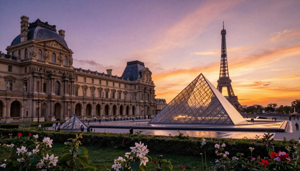 A stunning view of iconic artistic landmarks in Paris during golden hour, featuring the intricate architecture of the Louvre with its glass pyramid, framed by lush greenery and blooming flowers in the foreground. In the middle ground, the majestic Palais Garnier stands proudly with its ornate façade and grand statues, while the tranquil Seine River reflects the soft hues of the sunset. The background displays the silhouette of the Eiffel Tower against a vibrant sky filled with warm purples and soft oranges. The scene captures a serene and romantic atmosphere, with cinematic lighting enhancing the details of the buildings and textures of the surroundings. The image should be presented in 8k resolution, depicting a rich tapestry of Parisian culture and artistry, devoid of any text or signatures.