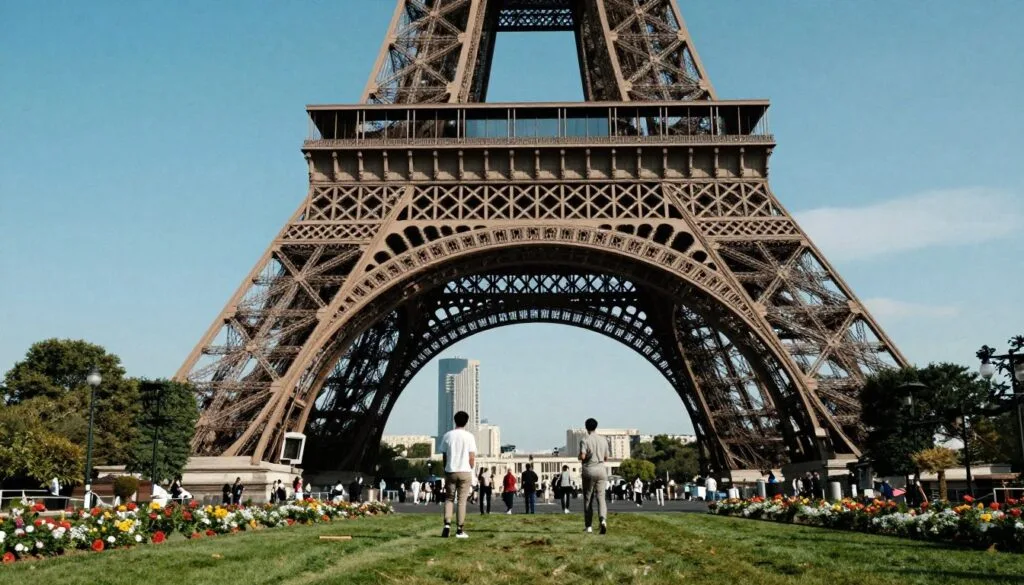 Une vue imprenable sur la Tour Eiffel à Paris, capturée en contre-plongée, qui révèle toute la finesse de sa structure métallique. Au premier plan, une végétation luxuriante se déploie, avec des pelouses impeccables et des parterres fleuris qui s'étendent jusqu'au pied de la tour. Au second plan, des visiteurs, vêtus de façon décontractée, admirent ce monument emblématique, leurs silhouettes se détachant sur la grandeur architecturale. En arrière-plan, un ciel d'un bleu limpide accentue la silhouette de la tour qui se détache sur le paysage urbain. Un éclairage doux et cinématographique projette des ombres délicates, conférant de la profondeur à la scène, tandis que des textures d'une grande précision donnent vie à la ferronnerie. L'image, en résolution 8K, offre un rendu visuel saisissant qui souligne l'allure moderne et élégante de ce monument iconique.