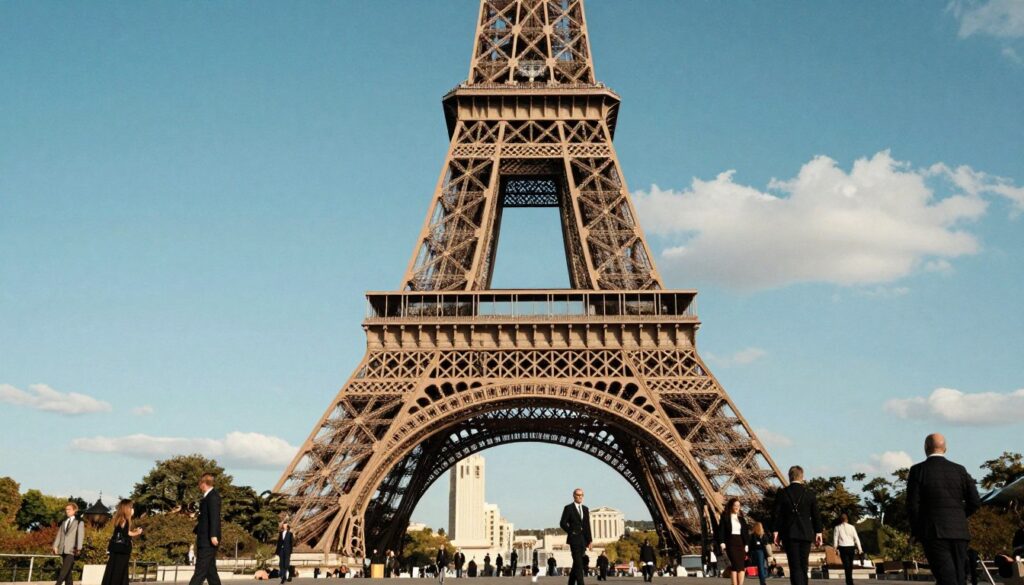 A stunning view of the Eiffel Tower, showcasing its intricate levels and architectural design. In the foreground, capture the base of the tower with detailed textures of the iron latticework and the pedestrian pathways bustling with tourists dressed in professional attire. In the middle, the tower itself rises majestically, highlighting its iron beams and platforms, designed elegantly against the sky. The background features a clear blue sky, perhaps with a few fluffy clouds, emphasizing the tower's iconic silhouette. Use cinematic lighting for a warm, golden hour effect, creating soft shadows and highlights that enhance the details of the structure. The composition should evoke a sense of wonder and admiration for this iconic landmark, in stunning 8k resolution.