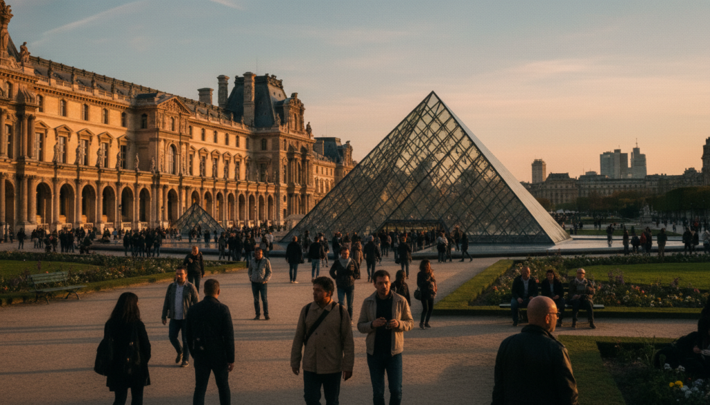 A stunning view of the Louvre Museum in Paris during the golden hour, showcasing its iconic glass pyramid in the foreground, surrounded by beautifully landscaped gardens. The middle features the majestic historic buildings of the museum, with intricate architectural details and warm sunlight reflecting off their surfaces. In the background, the Paris skyline is visible, with a soft pastel sunset casting a serene glow over the scene. Capture the atmosphere of art and history, filled with visitors in modest casual attire admiring the surroundings, evoking a sense of wonder and appreciation. Use cinematic lighting to highlight textures and create depth, ensuring a raw photograph feel with vibrant colors. Render this image in 8k resolution to capture every detail vividly. A stunning view of the Louvre Museum in Paris during the golden hour, showcasing its iconic glass pyramid in the foreground, surrounded by beautifully landscaped gardens. The middle features the majestic historic buildings of the museum, with intricate architectural details and warm sunlight reflecting off their surfaces. In the background, the Paris skyline is visible, with a soft pastel sunset casting a serene glow over the scene. Capture the atmosphere of art and history, filled with visitors in modest casual attire admiring the surroundings, evoking a sense of wonder and appreciation. Use cinematic lighting to highlight textures and create depth, ensuring a raw photograph feel with vibrant colors. Render this image in 8k resolution to capture every detail vividly.