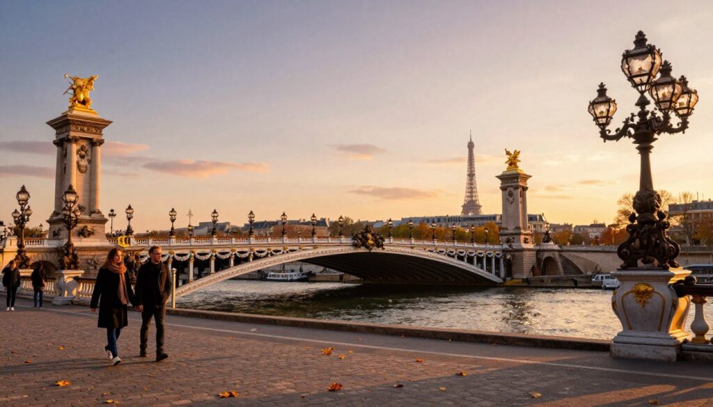 A stunning view of the Pont Alexandre III bridge in Paris during golden hour, capturing the intricate architectural details of its ornate sculptures and elaborate lamp posts. In the foreground, vibrant autumn leaves flutter across the cobblestone walkway, while elegant couples in modest casual clothing stroll hand in hand. The middle ground features the majestic bridge arching gracefully over the Seine River, its gilded statues glimmering in the warm sunlight. In the background, the iconic Eiffel Tower is faintly visible, surrounded by Parisian rooftops under a colorful sunset sky. The scene is alive with soft reflections on the water, conveying a romantic and dreamy atmosphere. Shot with a wide-angle lens, the image is rich in detailed textures, presented in 8k resolution with cinematic lighting that enhances the allure of this Parisian landmark. A stunning view of the Pont Alexandre III bridge in Paris during golden hour, capturing the intricate architectural details of its ornate sculptures and elaborate lamp posts. In the foreground, vibrant autumn leaves flutter across the cobblestone walkway, while elegant couples in modest casual clothing stroll hand in hand. The middle ground features the majestic bridge arching gracefully over the Seine River, its gilded statues glimmering in the warm sunlight. In the background, the iconic Eiffel Tower is faintly visible, surrounded by Parisian rooftops under a colorful sunset sky. The scene is alive with soft reflections on the water, conveying a romantic and dreamy atmosphere. Shot with a wide-angle lens, the image is rich in detailed textures, presented in 8k resolution with cinematic lighting that enhances the allure of this Parisian landmark.