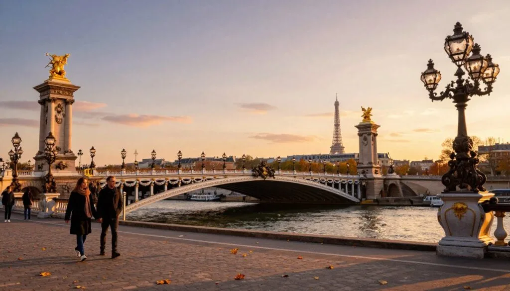 Una impresionante vista del Puente Alejandro III en París durante la hora dorada, capturando los intrincados detalles arquitectónicos de sus ornamentadas esculturas y elaboradas farolas. En primer plano, vibrantes hojas otoñales ondean sobre el camino adoquinado, mientras elegantes parejas con ropa informal caminan de la mano. En segundo plano, se aprecia el majestuoso puente que se arquea con gracia sobre el río Sena, con sus estatuas doradas brillando bajo la cálida luz del sol. Al fondo, la icónica Torre Eiffel se vislumbra tenuemente, rodeada de tejados parisinos bajo un colorido atardecer. La escena cobra vida con suaves reflejos en el agua, creando una atmósfera romántica y de ensueño. Capturada con un objetivo gran angular, la imagen es rica en texturas detalladas, presentada en resolución 8k con iluminación cinematográfica que realza el encanto de este monumento parisino.