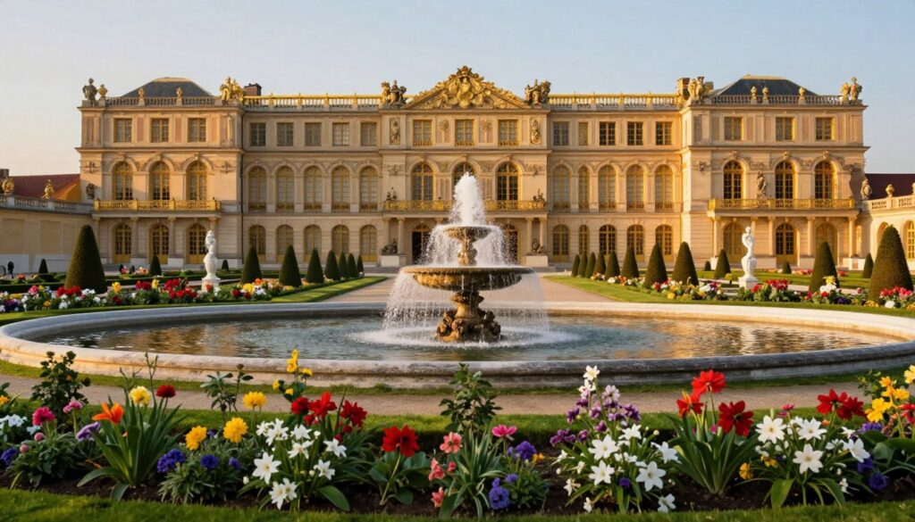 A stunning view of the Versailles Palace, showcasing its grand architecture and manicured gardens. In the foreground, lush greenery with an array of blooming flowers leads to a majestic fountain, glistening in the sunlight. The middle ground features the opulent palace with its gilded sculptures and ornate balconies, reflecting the golden hour light. In the background, the symmetrical garden pathways stretch out, framed by perfectly trimmed hedges and classical statues. Capture this scene with a 35mm fast prime lens to emphasize the intricate details of the palace's facade and the vibrant colors of the gardens. The atmosphere should feel regal and serene, evoking a sense of historical grandeur and beauty.