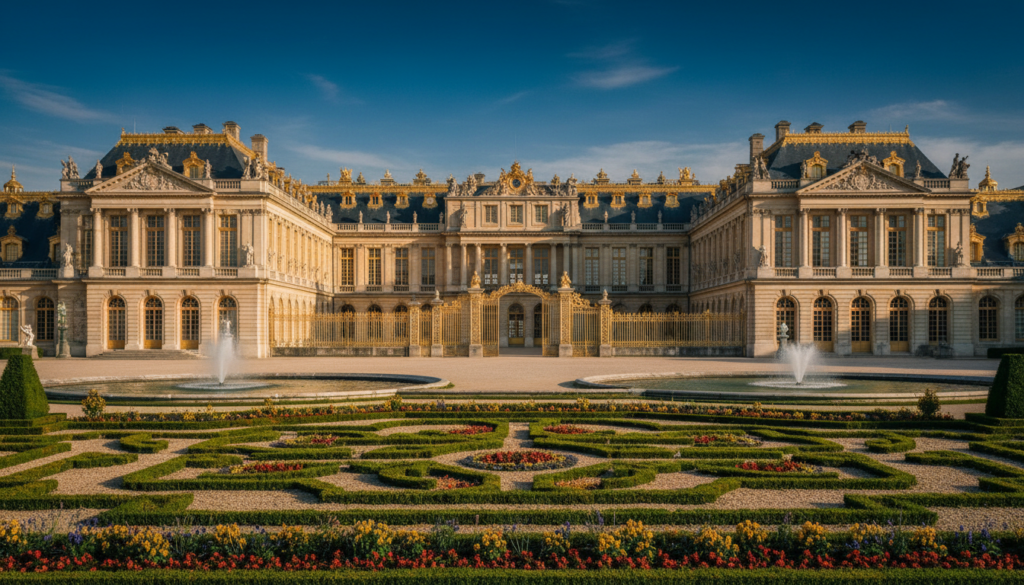 A stunning view of the exterior of the Palace of Versailles, showcasing its grand architecture with intricate details and baroque elements. Foreground features manicured gardens with perfectly trimmed hedges and vibrant flower beds, leading up to the palace. In the middle ground, the majestic gold-leafed gates and the multi-arched facade of the palace rise prominently against a clear blue sky. The background includes soft clouds and hints of historical sculptures adorning the grounds. Utilize dramatic cinematic lighting to highlight the textures of the stonework, capturing reflections in the expanse of the nearby fountains. The image should be raw and realistic, with an 8k resolution, conveying a sense of historical grandeur and opulence, inviting viewers to admire this iconic landmark. A stunning view of the exterior of the Palace of Versailles, showcasing its grand architecture with intricate details and baroque elements. Foreground features manicured gardens with perfectly trimmed hedges and vibrant flower beds, leading up to the palace. In the middle ground, the majestic gold-leafed gates and the multi-arched facade of the palace rise prominently against a clear blue sky. The background includes soft clouds and hints of historical sculptures adorning the grounds. Utilize dramatic cinematic lighting to highlight the textures of the stonework, capturing reflections in the expanse of the nearby fountains. The image should be raw and realistic, with an 8k resolution, conveying a sense of historical grandeur and opulence, inviting viewers to admire this iconic landmark.