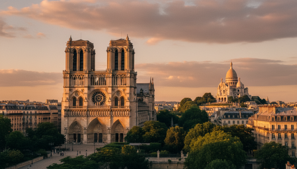 A stunning vista of beautiful churches and cathedrals in Paris, showcasing the iconic Notre-Dame de Paris with its intricate Gothic architecture in the foreground, flanked by the charming Sacré-Cœur Basilica atop Montmartre in the middle ground. The background features a pastel sunset sky, casting warm hues of orange and pink that illuminate the stone facades. Lush greenery surrounds the cathedrals, enhancing the tranquil atmosphere. The image captures a wide-angle perspective, emphasizing the grandeur and scale of the structures. Soft, cinematic lighting highlights the detailed textures of the stonework and stained glass, creating an inviting, serene mood. The image is presented in high-resolution 8k, ensuring every detail is vivid and captivating.
