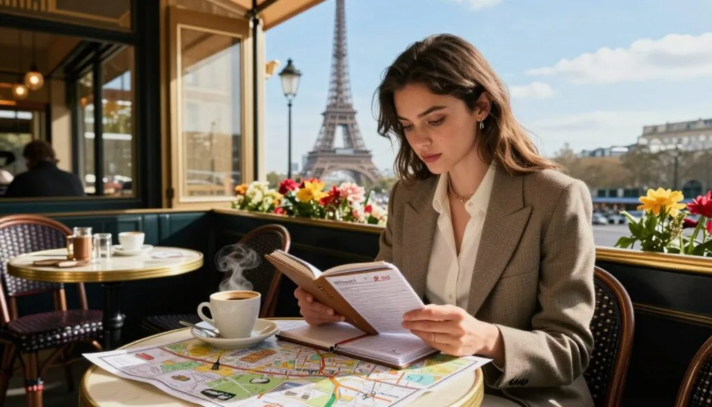Una elegante mujer de veintitantos años, vestida con un atuendo de negocios moderno pero modesto, está sentada en una acogedora mesa de café llena de folletos de viajes y una elegante agenda, inmersa en la planificación de su itinerario por París. En primer plano, una taza de café humeante reposa junto a un mapa detallado de París, que destaca los monumentos famosos y las joyas ocultas. En el nivel intermedio se muestra el interior del café, adornado con flores vibrantes y una ventana que muestra la bulliciosa calle parisina. Al fondo, la icónica Torre Eiffel se alza majestuosa contra un cielo azul claro, creando una atmósfera parisina de ensueño. La iluminación es suave y cálida, evocando el resplandor de la hora dorada, realzando el ambiente acogedor y aventurero de la escena. La imagen está capturada en estilo fotográfico crudo, mostrando texturas altamente detalladas en resolución 8k.