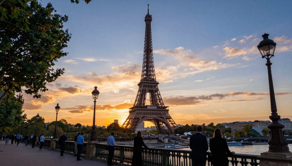 A sweeping view of the Eiffel Tower, captured at sunset, its silhouette framed by the vibrant Parisian skyline. In the foreground, lush trees and ornate street lamps add charm, while visitors in professional business attire admire the scenery, leaning against a wrought-iron railing. The midground features the iconic structure itself, bathed in warm golden light, showcasing intricate ironwork details and a hint of the bustling Champ de Mars below. In the background, soft clouds streak across a deepening blue sky, contrasting with the warm tones of the sunset. Light reflections dance on nearby Seine River, adding a touch of dynamic beauty. The image conveys a sense of wonder and admiration, inviting viewers to immerse themselves in the essence of Paris. Captured with a 35mm fast prime lens, the scene evokes a dreamy yet dynamic atmosphere.