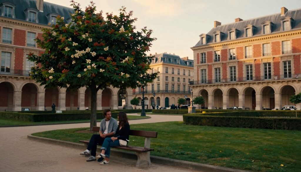 A tranquil scene of Place des Vosges in Paris, showcasing the iconic red brick facades and elegant arches of the square. In the foreground, a couple sits on a romantic bench under a blooming chestnut tree, dressed in modest casual clothing, enjoying each other's company. The middle ground features lush green grass, carefully manicured hedges, and classic stone pathways winding through the square. In the background, charming historic buildings line the picturesque square, bathed in soft golden-hour light that casts a warm glow over the scene. The atmosphere feels serene and inviting, perfect for lovers seeking solace in the heart of Le Marais. The image should be captured in 8k resolution, with highly detailed textures and cinematic lighting to enhance the romantic allure of the location.