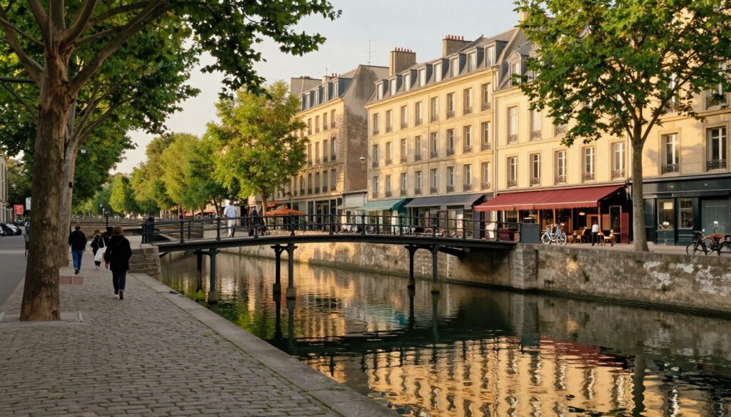 A tranquil scene of the Canal Saint-Martin in Paris during a soft, golden hour light. In the foreground, a traditional cobblestone walkway lined with lush green trees leads to the calm water reflecting the enchanting facades of charming old buildings. In the middle, a classic iron footbridge crosses the canal, with a few pedestrians in modest casual attire leisurely strolling and enjoying the serene atmosphere. The background features a picturesque row of quaint cafés and shops, with bicycles parked along the banks. Capture the hyperrealistic detail using a 35mm fast prime lens to emphasize the vibrant colors and subtle textures. The mood should evoke a peaceful, quieter Paris experience, inviting viewers to escape the hustle and bustle of the city.
