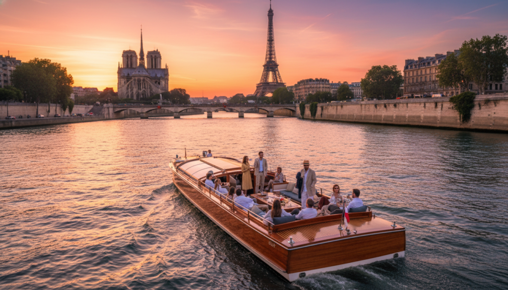 A tranquil scene of the Seine River at sunset in Paris, showcasing a leisurely cruise boat gliding through the water. In the foreground, a beautifully wooden boat filled with people dressed in casual yet elegant attire, enjoying the ride. The middle ground features the shimmering surface of the river, reflecting the soft golden hues of the sunset, with gentle ripples creating a sense of calm. In the background, the iconic silhouettes of Parisian landmarks such as the Notre-Dame Cathedral and the Eiffel Tower can be seen against a vibrant sky. The lighting is warm and inviting, with soft shadows enhancing the peaceful atmosphere. The scene conveys a sense of relaxation and the beauty of experiencing Paris from the water's edge.
