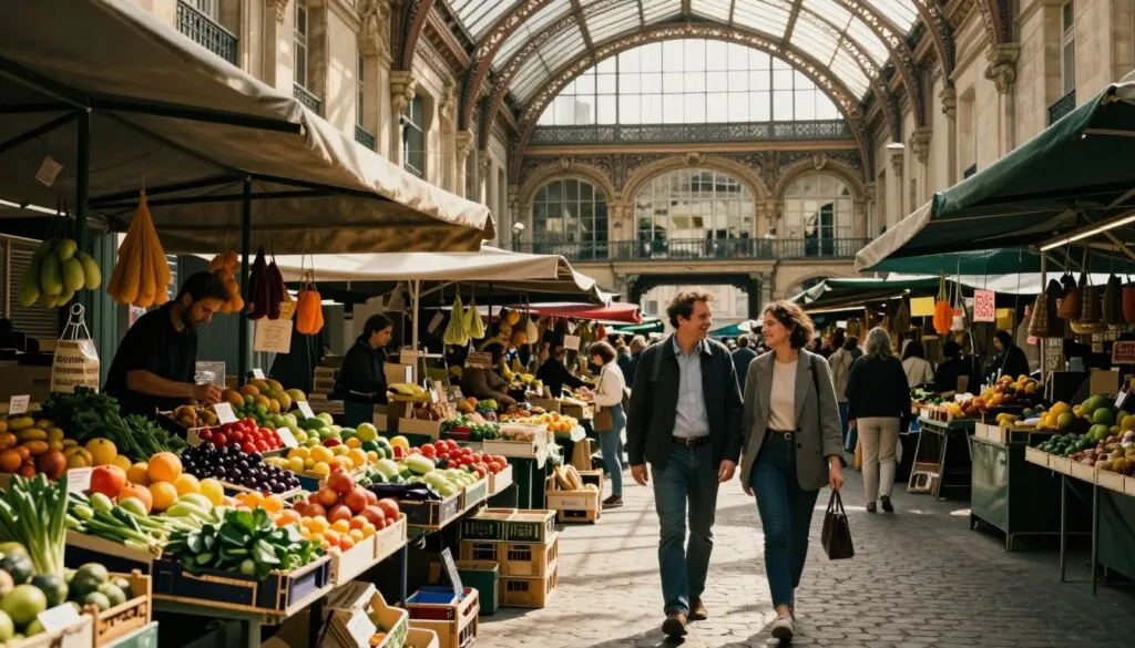 Rušná parížska trhová pasáž s množstvom farebných stánkov plných čerstvého ovocia, zeleniny a remeselného tovaru. V popredí pár oblečený v elegantnom ležérnom oblečení objavuje trh s výrazmi plnými nadšenia. Stred záberu zobrazuje očarujúcu vintage architektúru s prepracovaným kovaním a veľkými sklenenými strechami, ktoré vrhajú jemné, škvrnité slnečné svetlo na dlažobné kocky. Pozadie ukazuje ľudí, ktorí sa pokojne prechádzajú a rozprávajú s predavačmi, čím scénu oživujú. Atmosféra je živá a prívetivá a zachytáva autentickú podstatu parížskej kultúry. Použite filmové osvetlenie na zvýraznenie textúr stánkov a tepla prostredia, to všetko v ohromujúcom rozlíšení 8k pre vysoko detailný a pohlcujúci zážitok.
