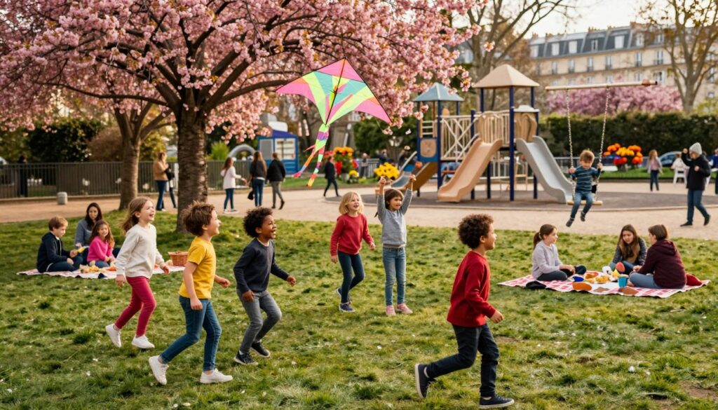 A vibrant Paris park scene filled with children enjoying various activities. In the foreground, a diverse group of kids is playing tag, laughing, and running on the lush green grass, dressed in colorful, modest casual clothing. Nearby, a sibling duo is flying a bright, patterned kite, while another child is on a swing, soaring high. In the middle ground, families picnic under the shade of blooming cherry blossom trees, with picnic blankets and snacks spread out. In the background, a classic Parisian playground can be seen, featuring slides and climbing frames, accented by cheerful flowers. The atmosphere is joyful and lively, illuminated by soft, golden afternoon sunlight, creating a warm, inviting mood. The image is captured in 8k resolution with a shallow depth of field, emphasizing the children’s smiles and the detailed textures of the park surroundings.