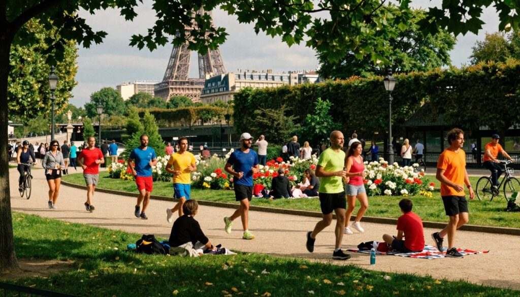 A vibrant Paris park scene showcasing an active lifestyle. In the foreground, a diverse group of people, including joggers in colorful athletic attire and families enjoying a picnic, are engaged in various activities. The middle ground features well-maintained pathways lined with blooming flowers, trees providing shade, and cyclists passing by. In the background, the iconic Parisian skyline with the Eiffel Tower peeking above the foliage. The lighting is cinematic, casting warm sunlight through the leaves, creating a lively and cheerful atmosphere. The image is captured with an 85mm lens in 8k resolution, focusing on the textures of the lush grass and the expressions of enjoyment on the people's faces. A vibrant Paris park scene showcasing an active lifestyle. In the foreground, a diverse group of people, including joggers in colorful athletic attire and families enjoying a picnic, are engaged in various activities. The middle ground features well-maintained pathways lined with blooming flowers, trees providing shade, and cyclists passing by. In the background, the iconic Parisian skyline with the Eiffel Tower peeking above the foliage. The lighting is cinematic, casting warm sunlight through the leaves, creating a lively and cheerful atmosphere. The image is captured with an 85mm lens in 8k resolution, focusing on the textures of the lush grass and the expressions of enjoyment on the people's faces.