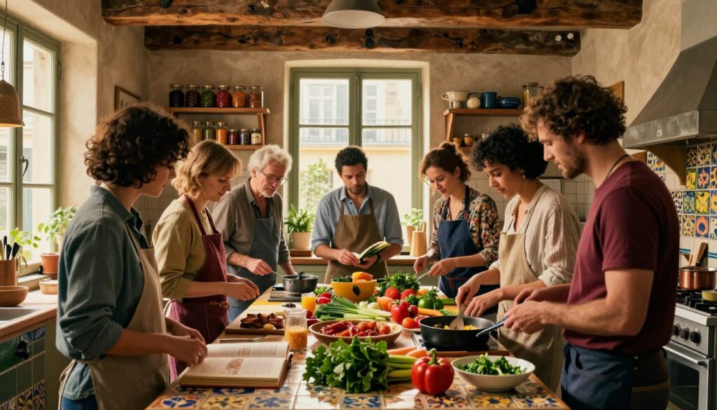 A vibrant Parisian cooking class scene set in a charming kitchen with rustic wooden beams and colorful ceramic tiles. In the foreground, a diverse group of individuals in modest casual clothing attentively gathers around a central table filled with fresh ingredients, a classic cookbook open, and cooking utensils. The atmosphere is warm and inviting, accentuated by soft golden lighting filtering through a large window, illuminating the textures of the ingredients and the anticipation on their faces. In the background, shelves lined with jars, spices, and French cooking tools reflect the essence of Parisian culinary artistry. The image captures a moment of learning and creativity, filled with joy and the aroma of French cuisine, presented in stunning 8k resolution with cinematic lighting.