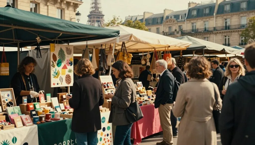 Un marché parisien animé, véritable vitrine d'expériences de shopping innovantes, avec ses étals colorés regorgeant de produits artisanaux uniques et d'articles de mode contemporains. Au premier plan, une clientèle variée, en tenues professionnelles ou décontractées, explore les étals et échange avec les vendeurs. Au second plan, des présentations artistiques mettent en valeur des produits éco-responsables, des mets gourmands et des accessoires artisanaux, créant une atmosphère chaleureuse. En arrière-plan, la Tour Eiffel se profile à travers l'effervescence du marché, capturant la splendeur de l'architecture parisienne. L'image, baignée d'une lumière chaude et cinématographique, sublime les textures des produits et l'animation des scènes. Filmée avec un objectif de 85 mm pour une douce profondeur de champ, elle offre une expérience immersive et détaillée en résolution 8K. L'atmosphère est dynamique et reflète le charme du shopping moderne à Paris.