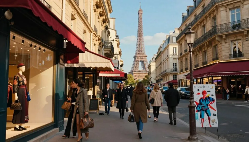 Lalana fivarotana mavitrika ao Paris izay feno hetsika, mampiseho ireo mpiantsena manao akanjo kanto mitondra kitapo lafo vidy. Eo aloha, vehivavy maoderina iray manao palitao kanto mijery varavarankely feno lamaody mpamorona. Ny afovoany dia ahitana maritrano Parisiana malaza voaravaka elo miloko avy amin'ny boutiques sy kafe, raha mpanakanto an-dalambe kosa mandoko eo akaiky eo, manampy fikasihana zavakanto eo an-toerana. Ny ambadika dia mampiseho ny Tilikambon'i Eiffel mitsirika avy eny an-tampon-trano eo ambanin'ny lanitra manga mazava, miaraka amin'ny tara-masoandro volamena malefaka mamoaka hazavana mafana manerana ny sehatra. Velona nefa mahafinaritra ny rivo-piainana, maneho ny maha-kanto Parisiana. Nalaina tamin'ny resolution 8K miaraka amin'ny jiro sinema mba handraisana ireo endrika amin'ny antsipiriany amin'ny maritrano sy ny lamaody.