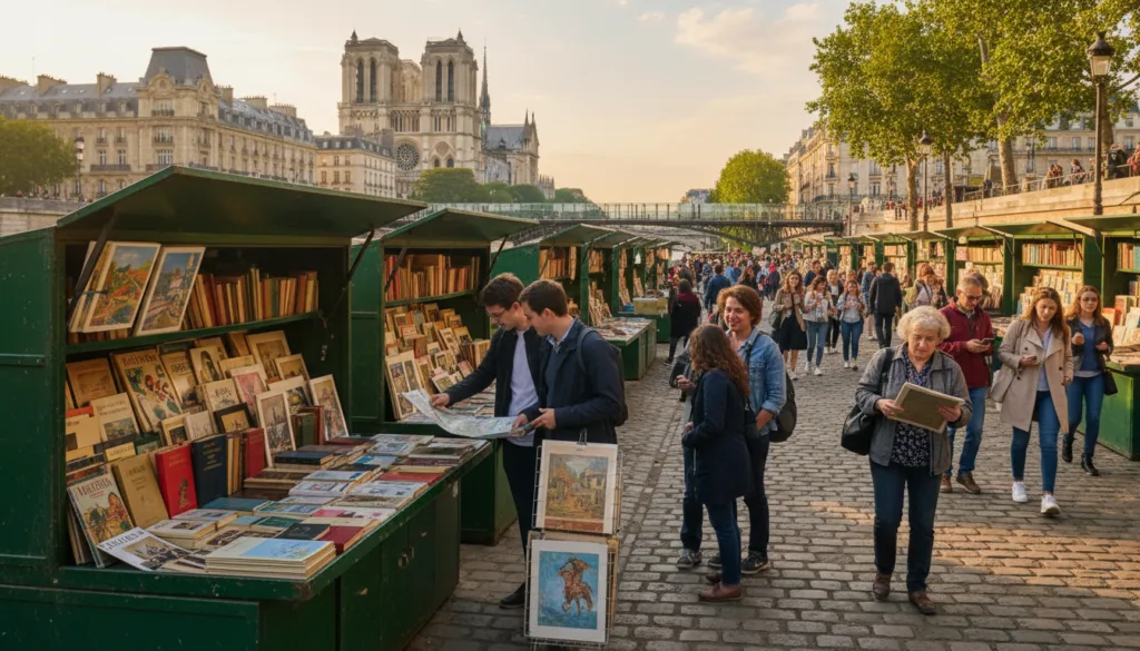 Une scène de rue parisienne animée, où les bouquinistes emblématiques bordent les quais de Seine. Au premier plan, un charmant kiosque à livres en plein air regorge de livres anciens colorés, de cartes postales et d'estampes, invitant les passants à flâner. Au second plan, une ruelle pavée grouille de visiteurs qui parcourent les étals, certains examinant attentivement les ouvrages, tandis que d'autres engagent des conversations amicales. À l'arrière-plan, l'architecture historique de Paris, avec ses immeubles ornés et ses douces teintes pastel, compose un paysage urbain pittoresque. La scène est baignée d'une chaude lumière dorée, évoquant une ambiance de fin d'après-midi et projetant de douces ombres qui accentuent la nostalgie de l'instant. L'atmosphère générale est vivante et accueillante, invitant à la découverte et aux trouvailles uniques.