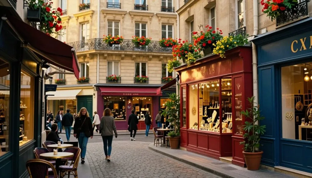 Sehatra arabe mavitrika any Paris izay mampiseho fifangaroan'ny toerana fivarotana malaza sy miafina. Eo aloha, misy lalankely tery vita amin'ny vatolampy feno trano fivarotana kely, ny fivarotana miloko marevaka dia voaravaka fampirantiana ara-potoana. Misy kafe kely vita tanana misy seza ivelany miseho eo amin'ny sehatra, manasa ny mpandalo mba hankafy. Eo afovoany, fivarotana tranainy mahafinaritra mampiseho firavaka miavaka sy asa tanana vita tanana. Ny singa ao ambadika dia ahitana ny maritrano Parisiana mahazatra miaraka amin'ny lavarangana voaravaka sy boaty voninkazo mamelana loko marevaka, voahodidin'ny jiro mafana sy volamena. Alaivo sary an-tsaina ny rivo-piainana feno olona nefa akaiky ny fivarotana eo an-toerana. Ampiasao ny halalin'ny sehatra marivo mba hifantohana amin'ny antsipiriany eo aloha, sady manamaizina moramora ny hetsika eny an-dalambe feno olona. Kalitao avo lenta, sarimihetsika 8k, manasongadina ny endrika amin'ny antsipiriany sy ny hatsaran'ny fivarotana Parisiana.