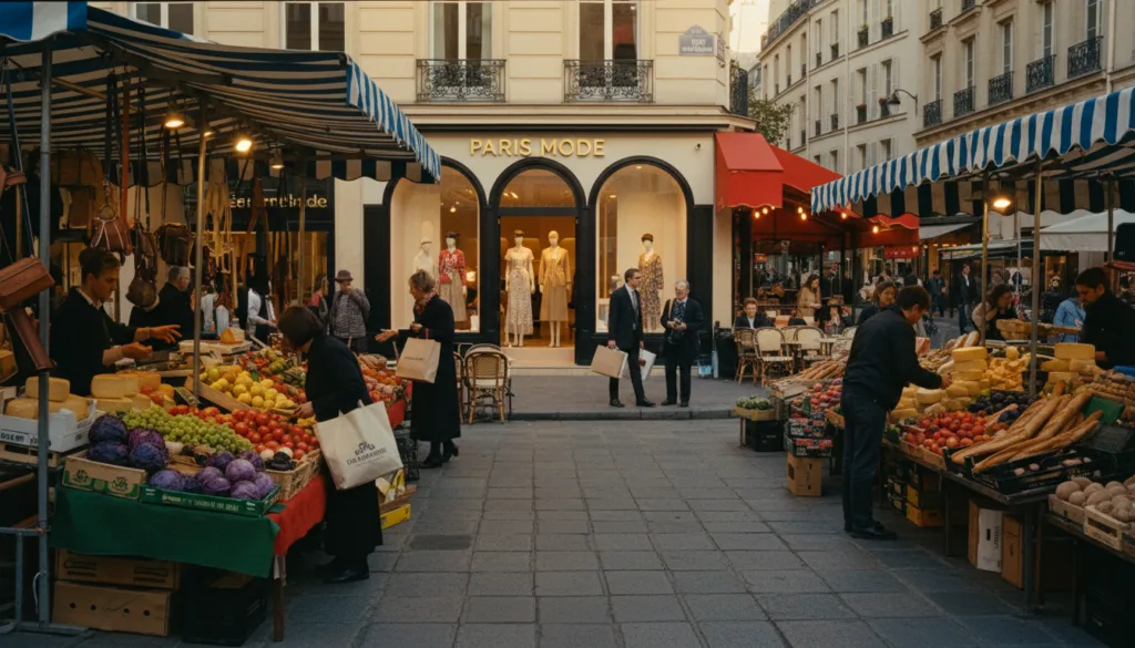Une scène de rue parisienne animée, mettant en valeur des marchés et des boutiques populaires. Au premier plan, des étals colorés proposent des produits frais, des fromages artisanaux et de l'artisanat, sous le regard attentif des clients. Au centre, une boutique branchée aux vitrines élégantes invite à la découverte, tandis que des passants chics, en tenue professionnelle, flânent en discutant. À l'arrière-plan se dessine l'architecture parisienne emblématique, avec ses cafés et ses rues pavées baignées par la douce lumière dorée du crépuscule. La composition capture une atmosphère vivante, empreinte de l'effervescence du shopping, sublimée par des textures très détaillées et des couleurs éclatantes. Filmée en 8K avec un angle cinématographique, l'image restitue le charme et l'attrait du shopping à Paris. Une scène de rue parisienne animée, mettant en valeur des marchés et des boutiques populaires. Au premier plan, des étals colorés proposent des produits frais, des fromages artisanaux et de l'artisanat, sous le regard attentif des clients. Au centre, une boutique branchée aux vitrines élégantes invite à la découverte, tandis que des passants chics, en tenue professionnelle, flânent en discutant. À l'arrière-plan se dessine l'architecture parisienne emblématique, avec ses cafés et ses rues pavées baignées par la douce lumière dorée du crépuscule. La composition capture une atmosphère vivante, empreinte de l'effervescence du shopping, sublimée par des textures très détaillées et des couleurs éclatantes. Filmée en 8K avec un angle cinématographique, l'image restitue le charme et l'attrait du shopping à Paris.