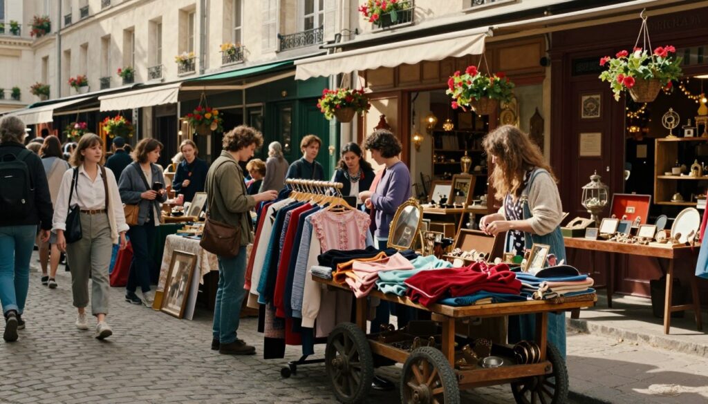 A vibrant Parisian vintage shopping market scene, bustling with unique stalls and eccentric displays. In the foreground, a quaint wooden cart brimming with retro clothes and accessories, featuring deep reds and pastel colors. The middle ground showcases shoppers—people in stylish, modest casual attire browsing through vintage items, their expressions a mix of curiosity and delight. Behind them, charming old buildings line cobblestone streets, adorned with hanging flower baskets, casting warm, inviting shadows. The atmosphere feels lively yet cozy, enhanced by soft, cinematic lighting that highlights the textures of the market goods. Capture this scene with an 85mm lens in 8k resolution for maximum detail, immersing viewers in the quirky charm of Paris’s hidden gems.