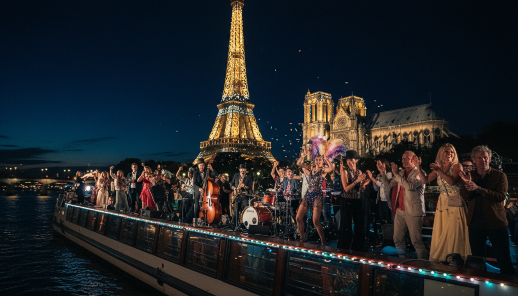 A vibrant Seine River scene at night, showcasing a lively cruise boat filled with people dressed in stylish, casual attire enjoying entertainment. In the foreground, the boat is adorned with colorful LED lights reflecting on the water. The middle ground features animated performers engaging the passengers, with live music and dancers showcasing Parisian flair. In the background, iconic landmarks like the Eiffel Tower and Notre-Dame illuminate the nighttime skyline, casting a romantic glow. Cinematic lighting enhances the atmosphere, creating a magical ambience. Shot from a low angle to capture the excitement of the crowd, with highly detailed textures and an 8k resolution, evoking a sense of joy and celebration in the heart of Paris. A vibrant Seine River scene at night, showcasing a lively cruise boat filled with people dressed in stylish, casual attire enjoying entertainment. In the foreground, the boat is adorned with colorful LED lights reflecting on the water. The middle ground features animated performers engaging the passengers, with live music and dancers showcasing Parisian flair. In the background, iconic landmarks like the Eiffel Tower and Notre-Dame illuminate the nighttime skyline, casting a romantic glow. Cinematic lighting enhances the atmosphere, creating a magical ambience. Shot from a low angle to capture the excitement of the crowd, with highly detailed textures and an 8k resolution, evoking a sense of joy and celebration in the heart of Paris.